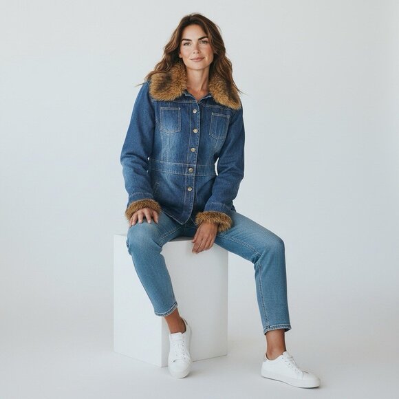 Jackets & Blazers - vintage y2k faux fur trim insulated‎ mid lengt denim coat jacket sz L